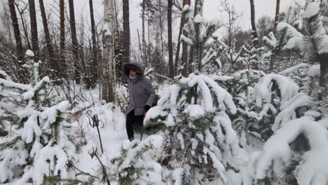 Una-Mujer-Joven-Arrastra-Un-árbol-De-Navidad-Recién-Cortado-A-Través-De-Un-Bosque-Blanco-Nevado