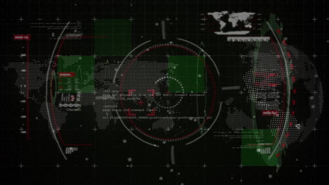 animación de escaneo de alcance sobre procesamiento de datos con mapa del mundo y globo