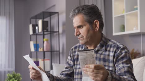 hombre confundido mirando la factura de alto precio. presupuesto familiar.