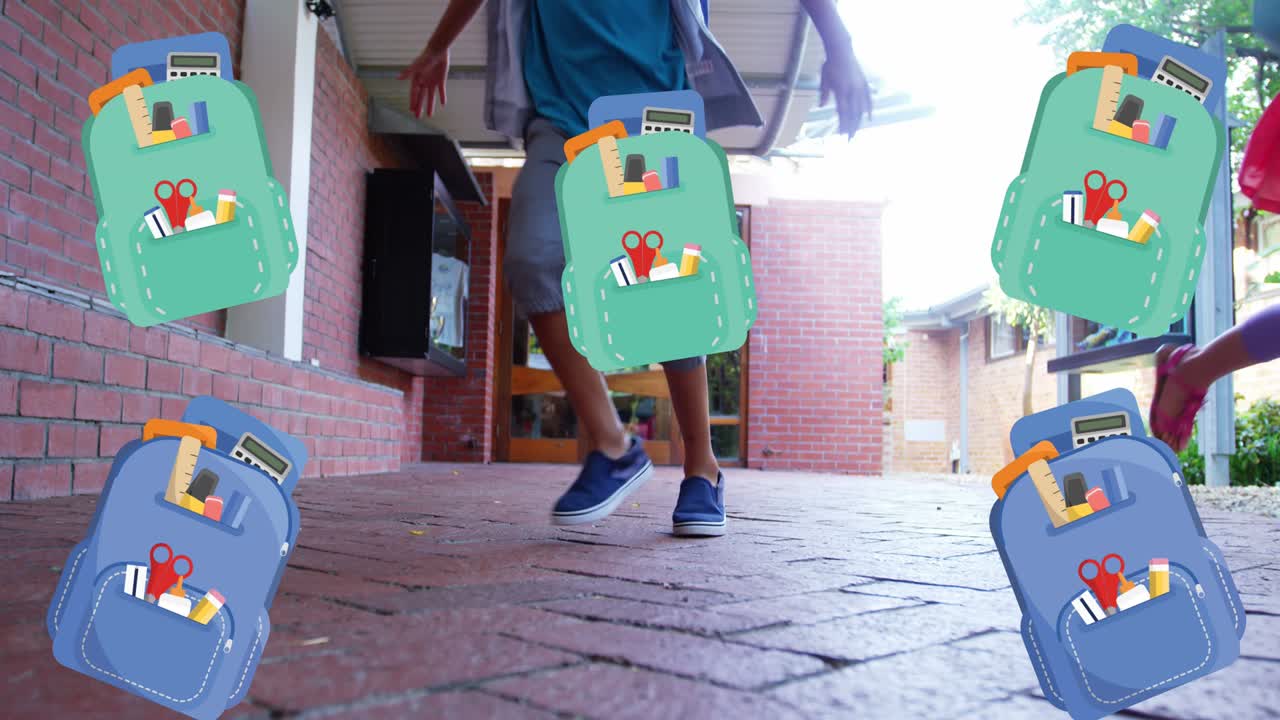 학교에서 달리는 학교 어린이 위의 학교 배 아이콘의 애니메이션