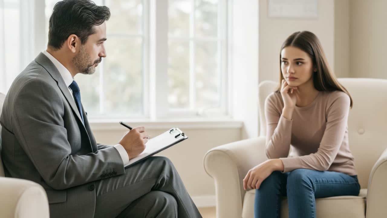 A Professional Psychologist Engaging in Therapy Session with a Young Woman Reflecting on Personal Thoughts in a Cozy Office Environment