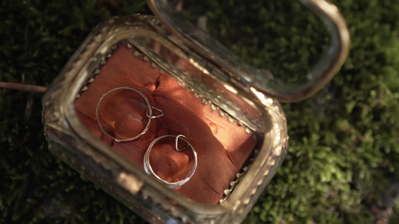 Top view of wedding rings in vintage glass box on moss during outdoor ceremony