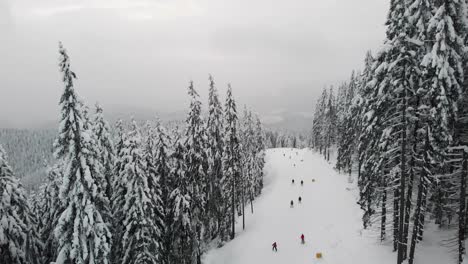 Aerial-view-of-people-skiing-in-the-snowy-mountains,-winter-sport-concept