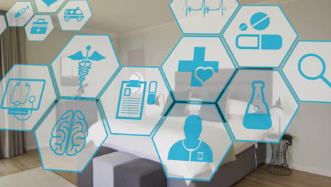 animation of network of medical icons over bed