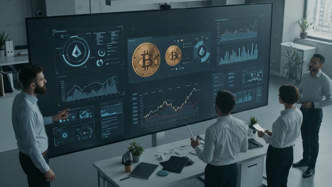 Engaging Team Discussion on Cryptocurrency Trends: Analyzing Market Data Through Interactive Digital Display in Modern Office Environment