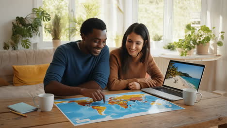 couple planning a trip with a world map and laptop