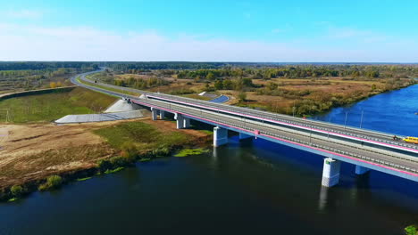 aerial landscape highway road over river. river road landscape high view