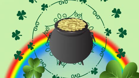 animación de una olla con monedas de oro con hojas de trébol y arco iris sobre fondo verde