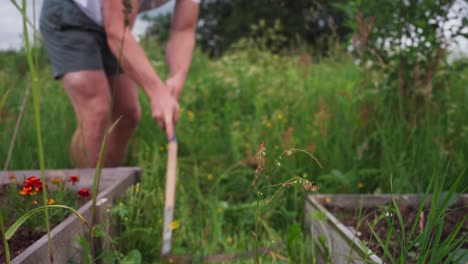 Mann-Mäht-Gras-Im-Garten-Mit-Sense