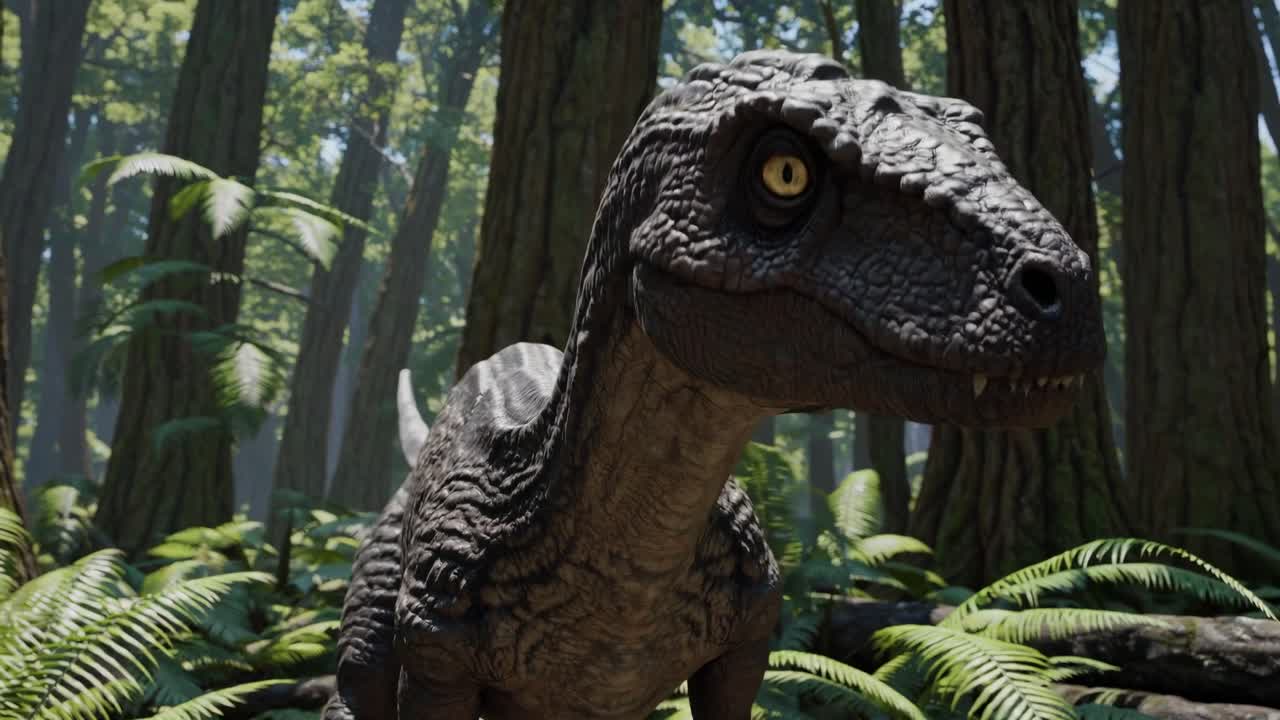 Close-up of a realistic dinosaur in a forest, captured from a low-angle, showcasing detailed