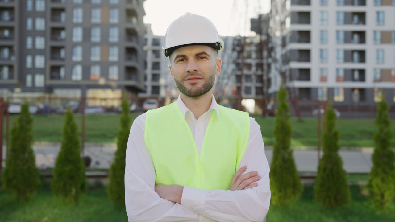Portrait of a male engineer or construction worker in a hard hat and safety vest at a building site