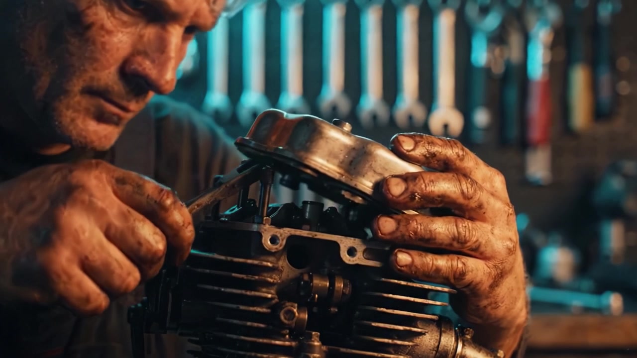 Detaljeret mekanisk arbejde på motorkomponent med brug af værktøj i et værkstedsmiljø, med fokus på hænder der forbereder motoren til reparation og vedligeholdelse.