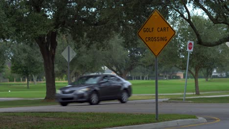 golf cart crossing sign traffic passing wooded area