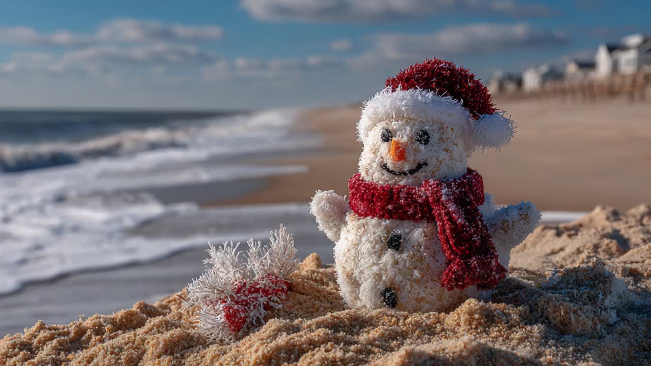 A whimsical snowman stands proudly on a sandy beach, showcasing a unique blend of winter charm and summer warmth against a tranquil seascape