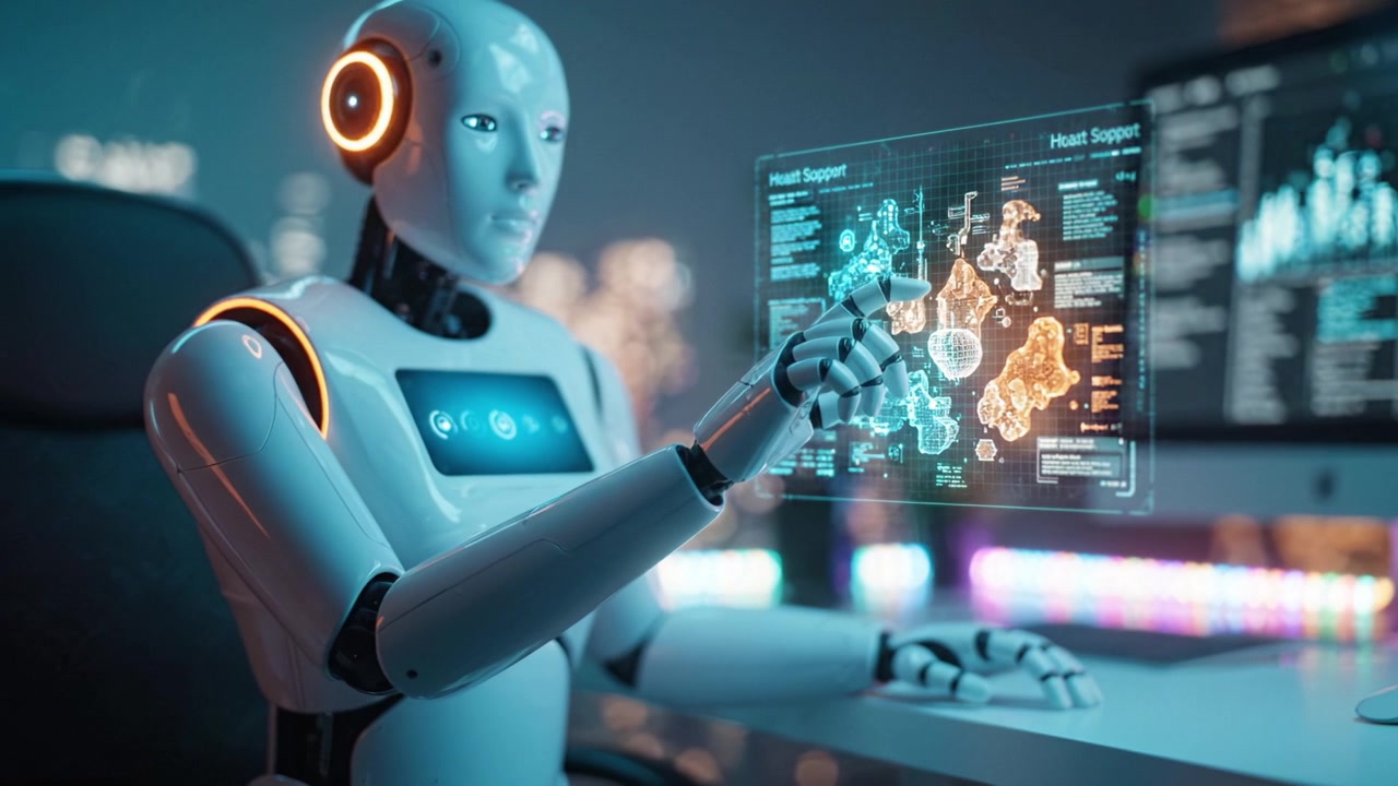 A futuristic robotic entity engaging with advanced technology, showcasing its capabilities and intelligent interface amidst a modern urban landscape at night.