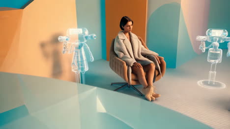 a woman in a futuristic setting with holographic robots