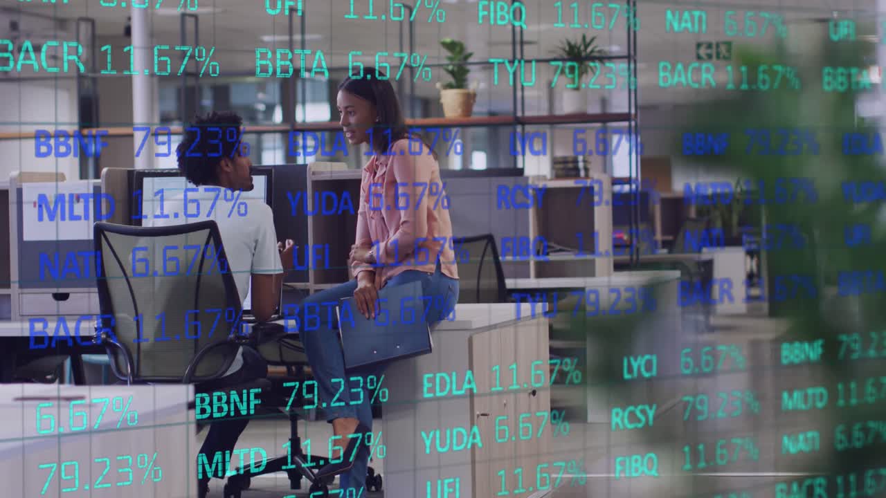 Animation of data processing over diverse business people in office