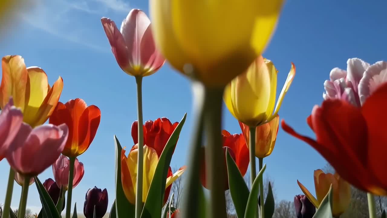 Low-angle video of vibrant tulips against a clear blue sky, capturing a fresh, lively perspective