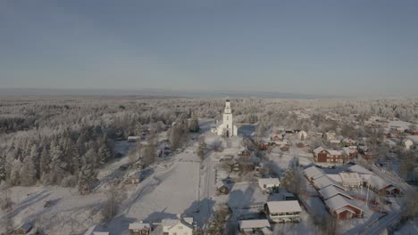 Drone-shot-of-Church-in-the-Swedish-winter-forests