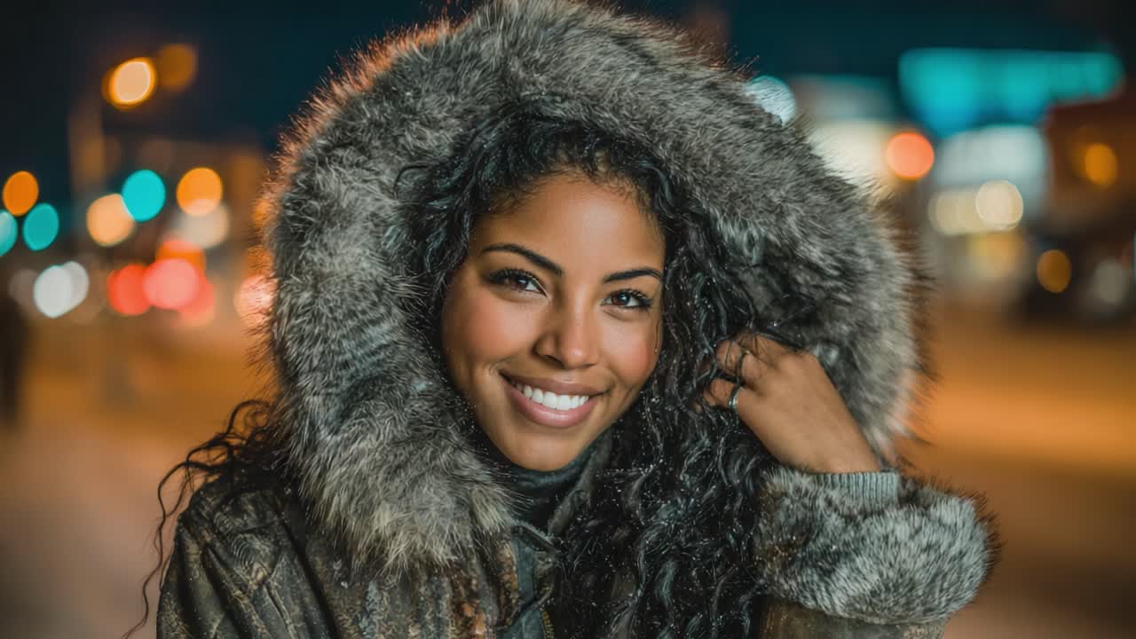 Et varmt smil i et vinterlandskap: Fanger gleden og skjønnheten til en kvinne i en koselig pelsforet hette under en livlig kveld ute