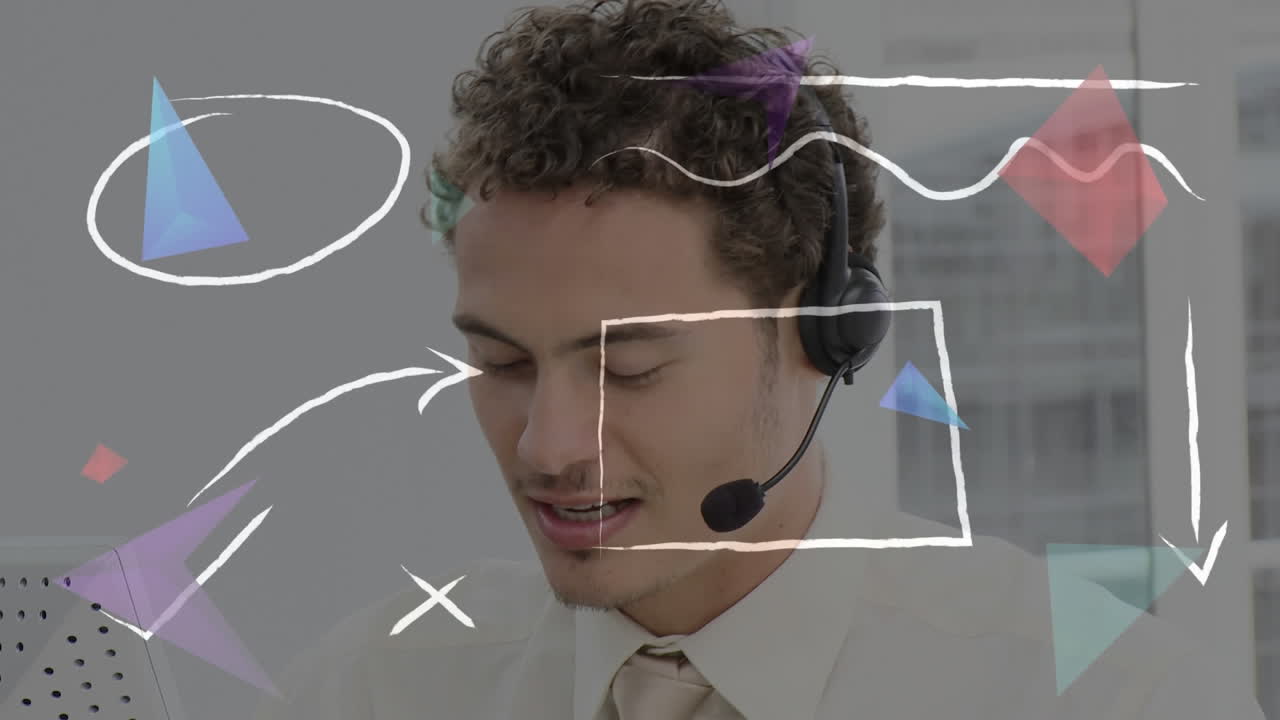 animación de formas sobre hombre de negocios con auriculares en la oficina