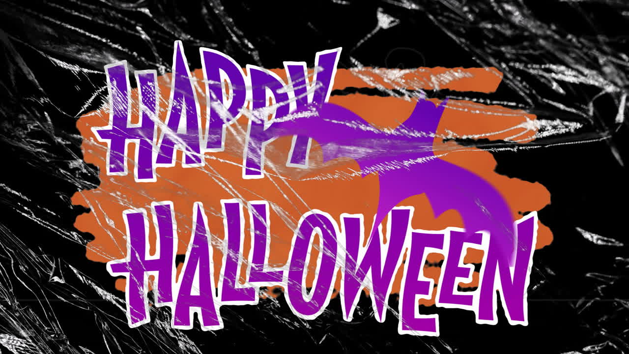 검은색 배경으로 오렌지색과 보라색 모양의 행복한 할로윈 텍스트 애니메이션