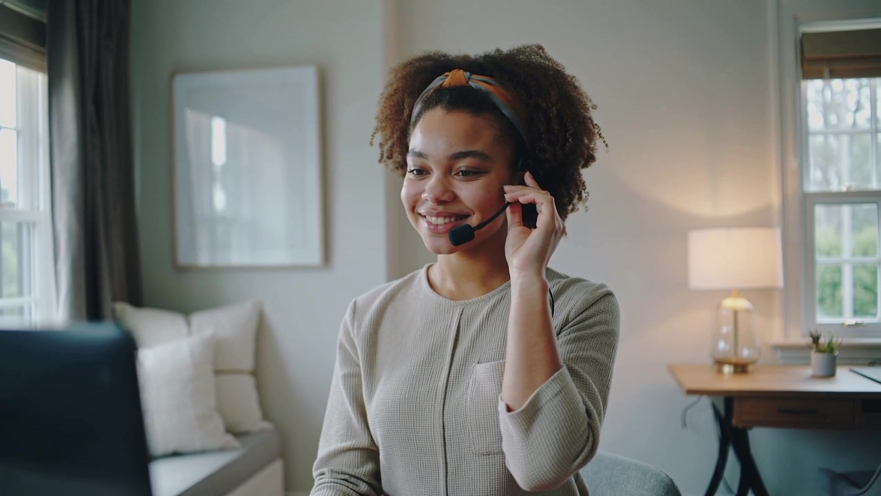 Joining call woman wearing headband adjusting mic, speaking at home desk with laptop for meeting