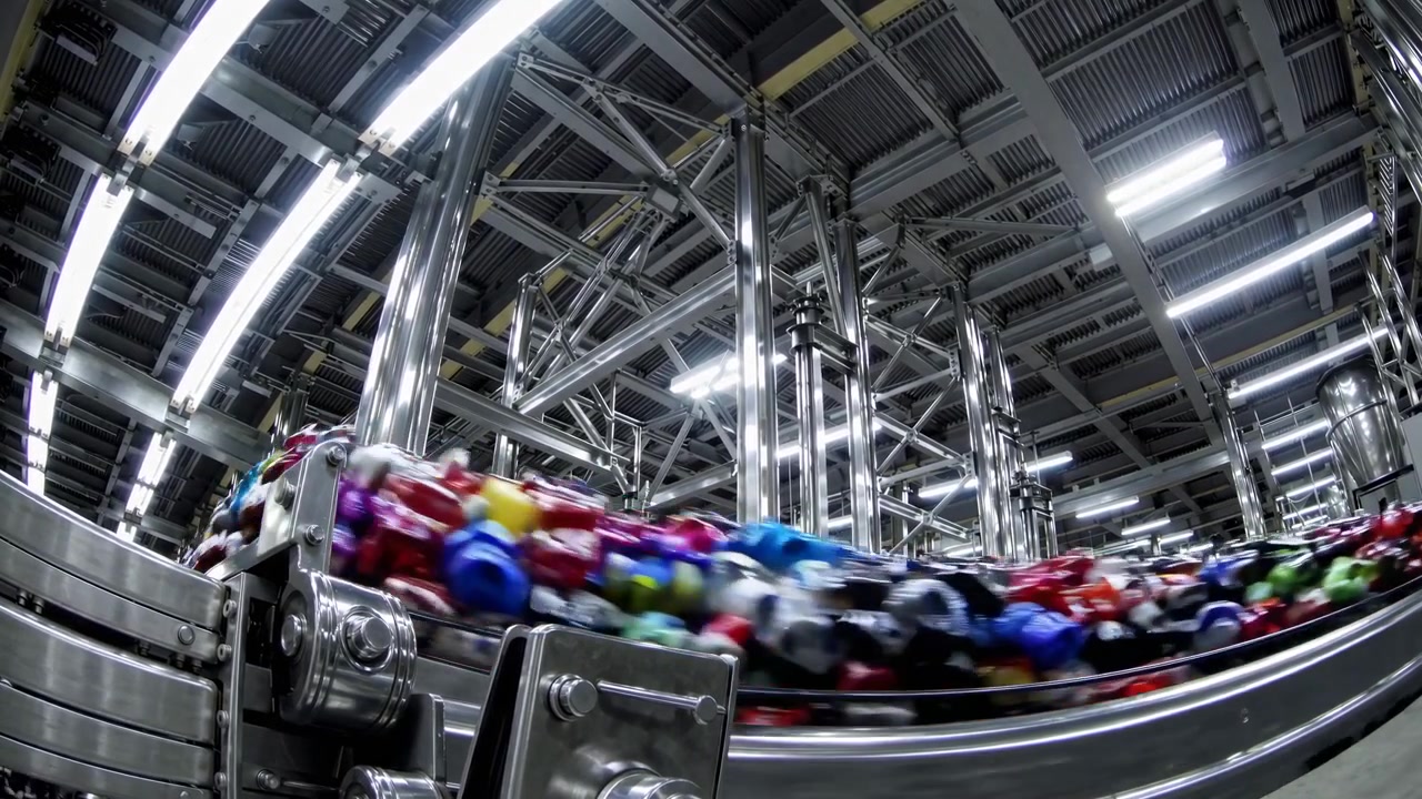 Colorful Plastic Bottles Moving on a Conveyor Belt in a Factory