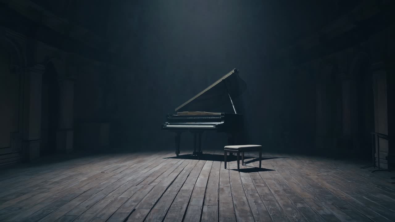A grand piano on a dimly lit wooden stage, captured from a low angle