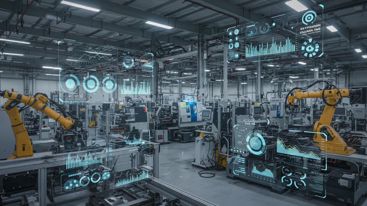 A High-Tech Manufacturing Facility Showcasing Advanced Robotics and Data Analytics Systems in an Industrial Environment