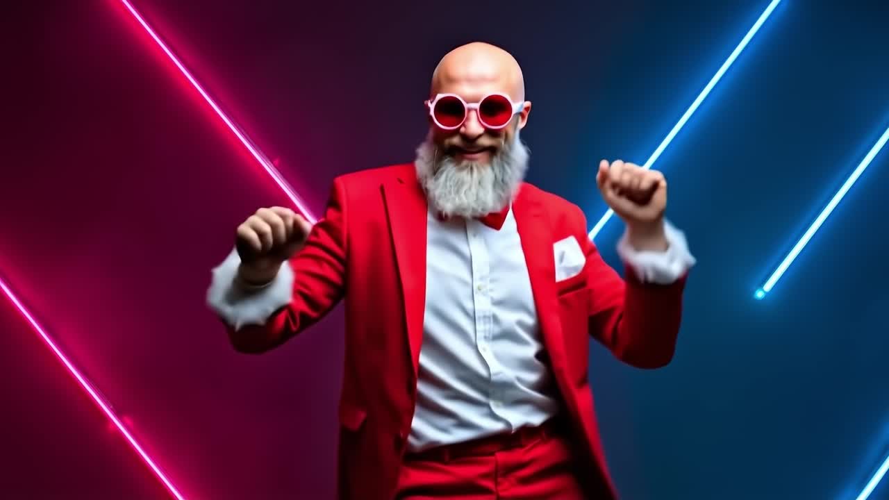 Un uomo in un abito rosso e occhiali da sole con barba bianca e papillon rosso