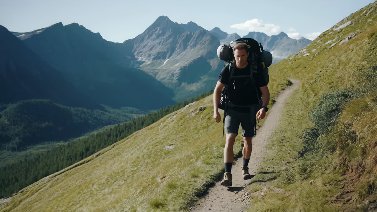 Hombre caminando en las montañas