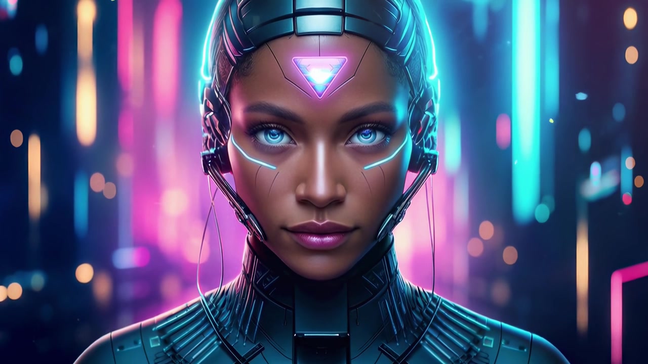 Retrato de uma mulher ciborgue futurista com luzes neon brilhantes