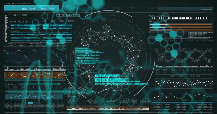 On interface launch GUI panels animating while central node network growing visualizing data flow