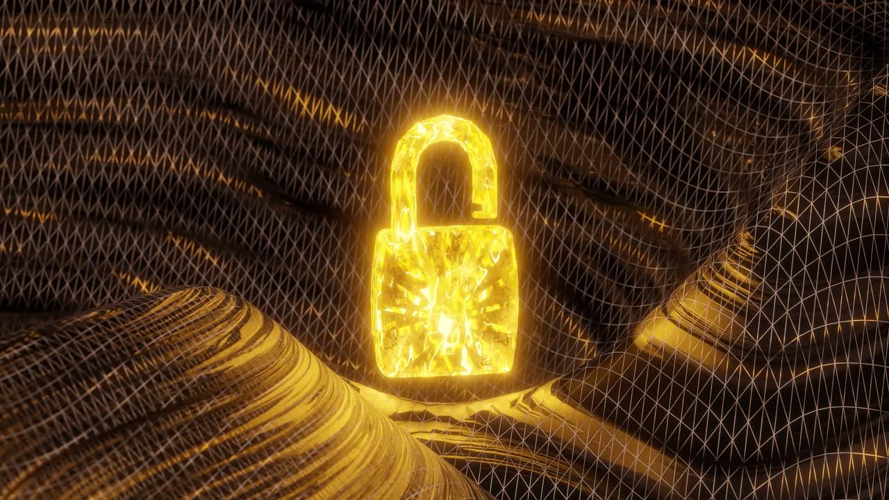 Glowing yellow padlock over abstract digital mesh surface in dark space. Cyber security and data encryption concept. Design for banner, poster, wallpaper, header