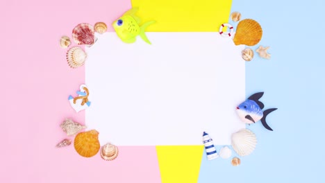 summer beach frame with seashells and sea details and colorful theme. stop motion