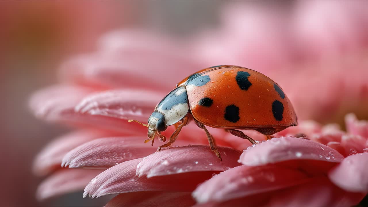 A Close-up View of a Ladybug Resting on a Delicate Pink Flower Petal, Showcasing Intricate Details of Its Colorful Body and the Beauty of Nature
