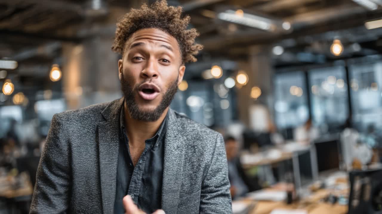 A confident young man in a stylish blazer, seen in a modern office environment, exuding charisma and enthusiasm as he engages with the audience or colleagues, embodying professionalism