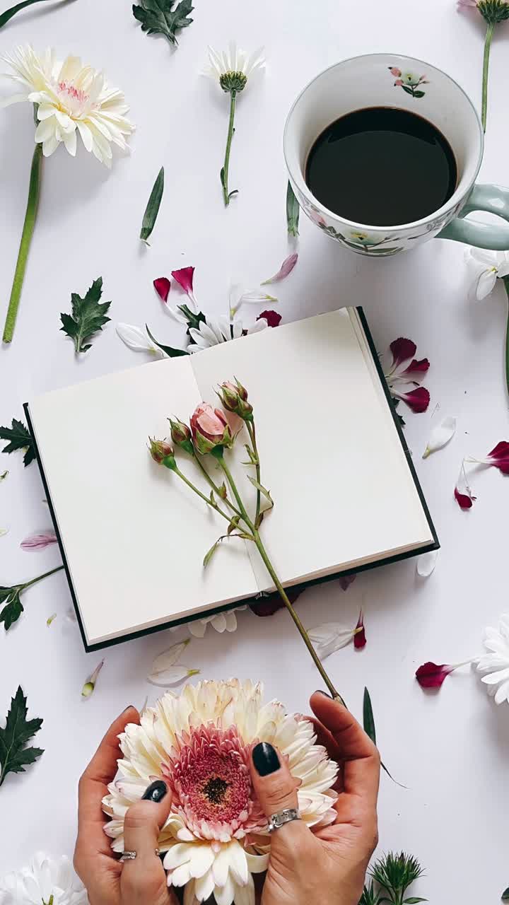 Floral Arrangement with Coffee and Notebook