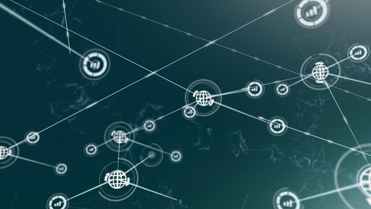 Animation of globe and bar graph icons connected with abstract pattern moving on blue background