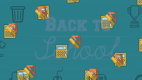 animación del texto de regreso a la escuela sobre los iconos de los artículos escolares en fondo verde