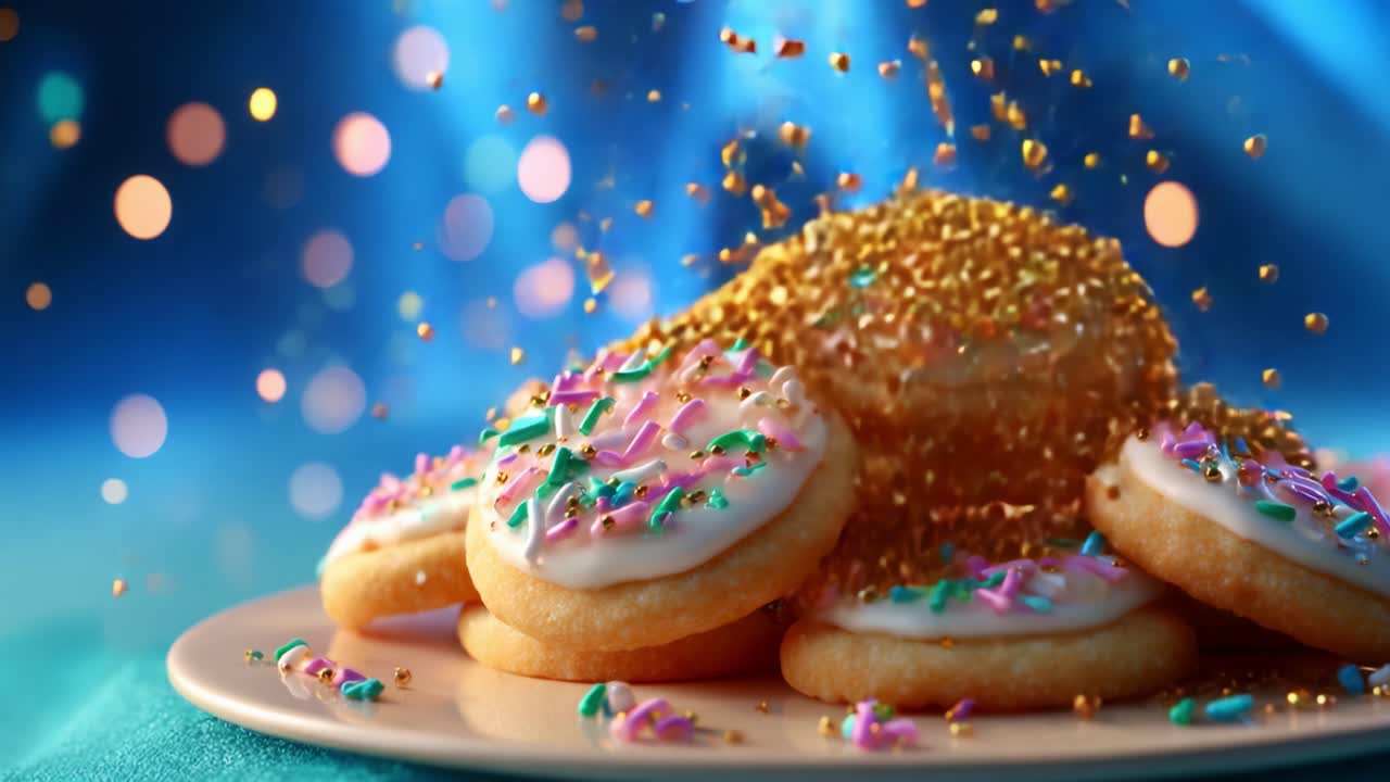 Deliciously Decorated Cookies with Colorful Sprinkles and Shimmering Gold Dust Against a Bright Blue Background, Perfectly Serving as a Festive Treat for Any Celebration or Gathering