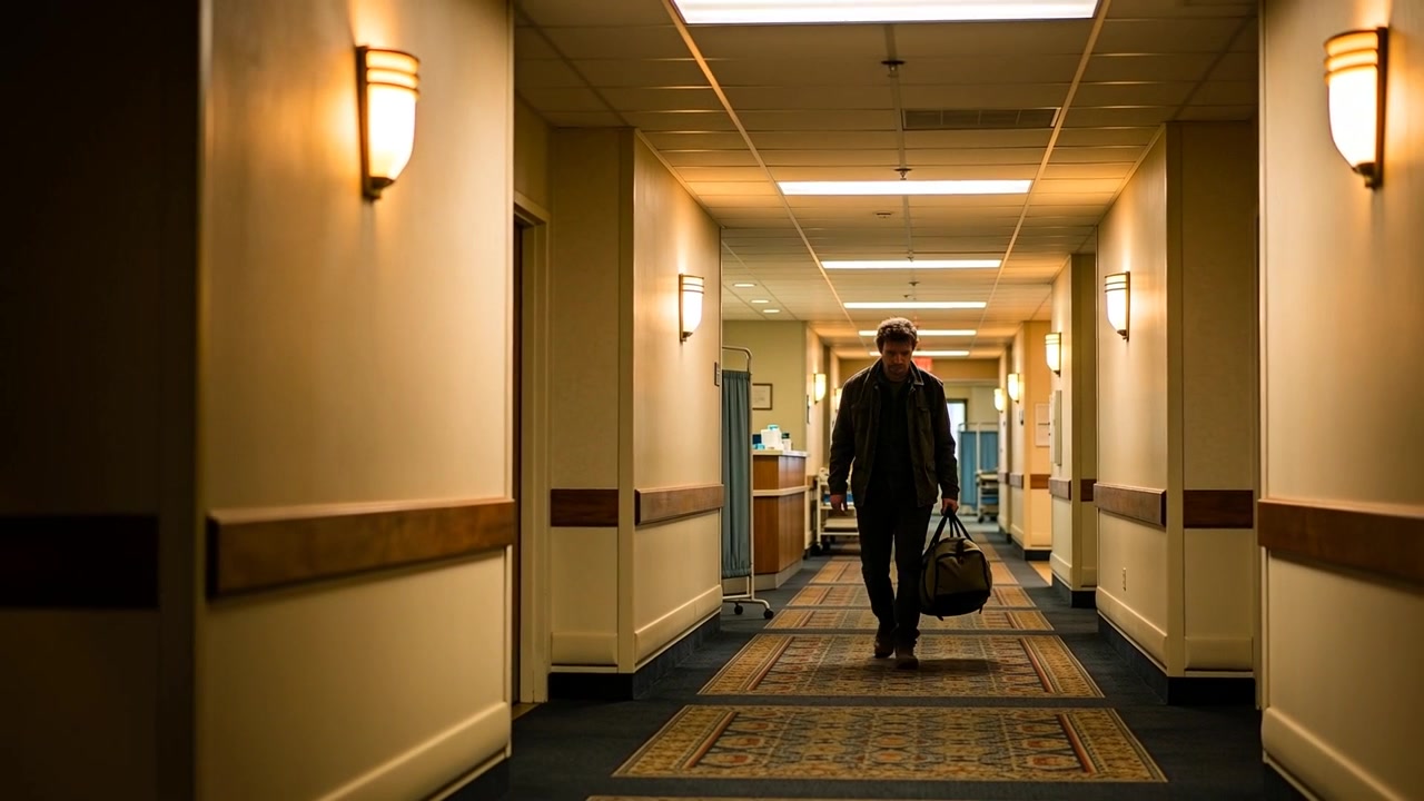 Walking man in coat starting at corridor end carrying duffel toward camera passing cart and screen