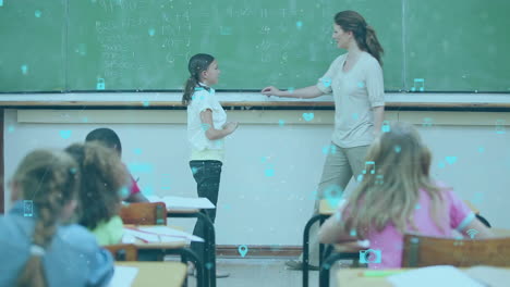 animation of network of digital icons over caucasian female teacher teaching biracial girl at school