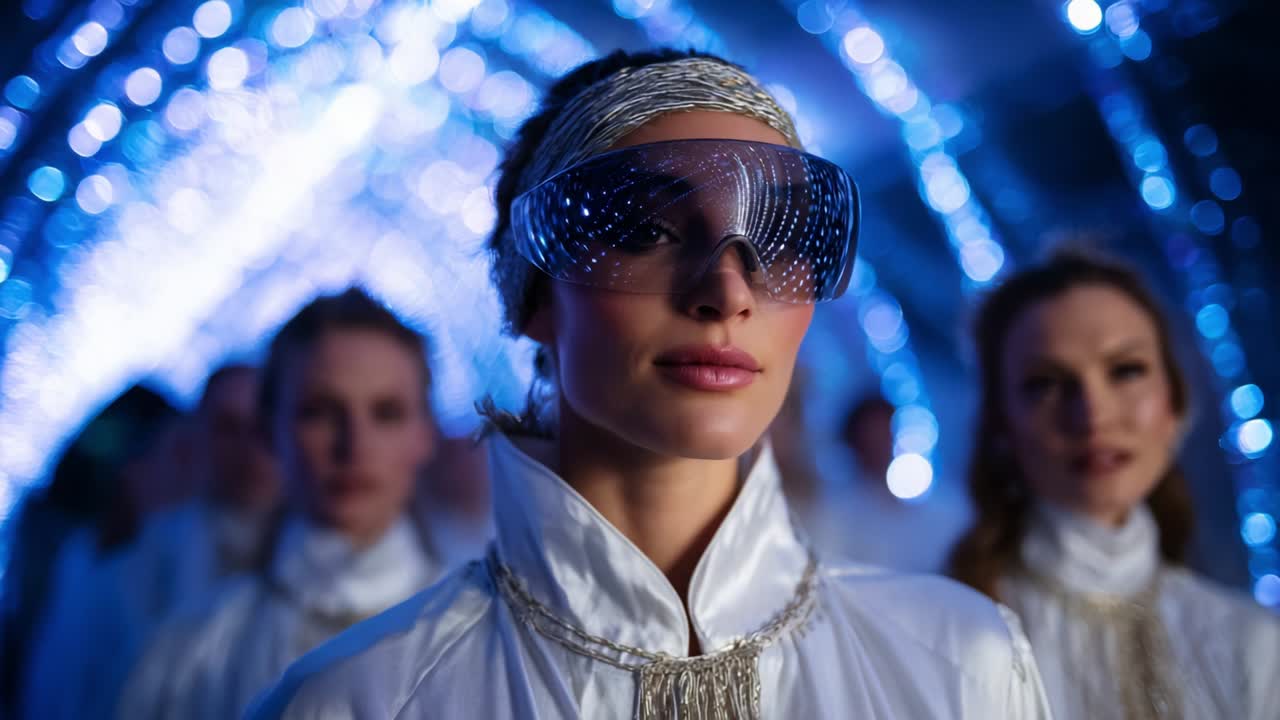 Futuristic Fashion Showcase Featuring a Model in Stunning White Attire and Illuminated Sunglasses, Surrounded by a Crowd of Mysterious Figures Against a Dazzling Background of Glittering Lights