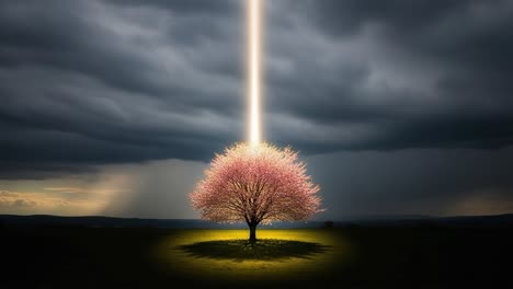 a vibrant tree illuminated by a mysterious beam of light against a dramatic overcast sky, creating a striking contrast of color and emotion in nature