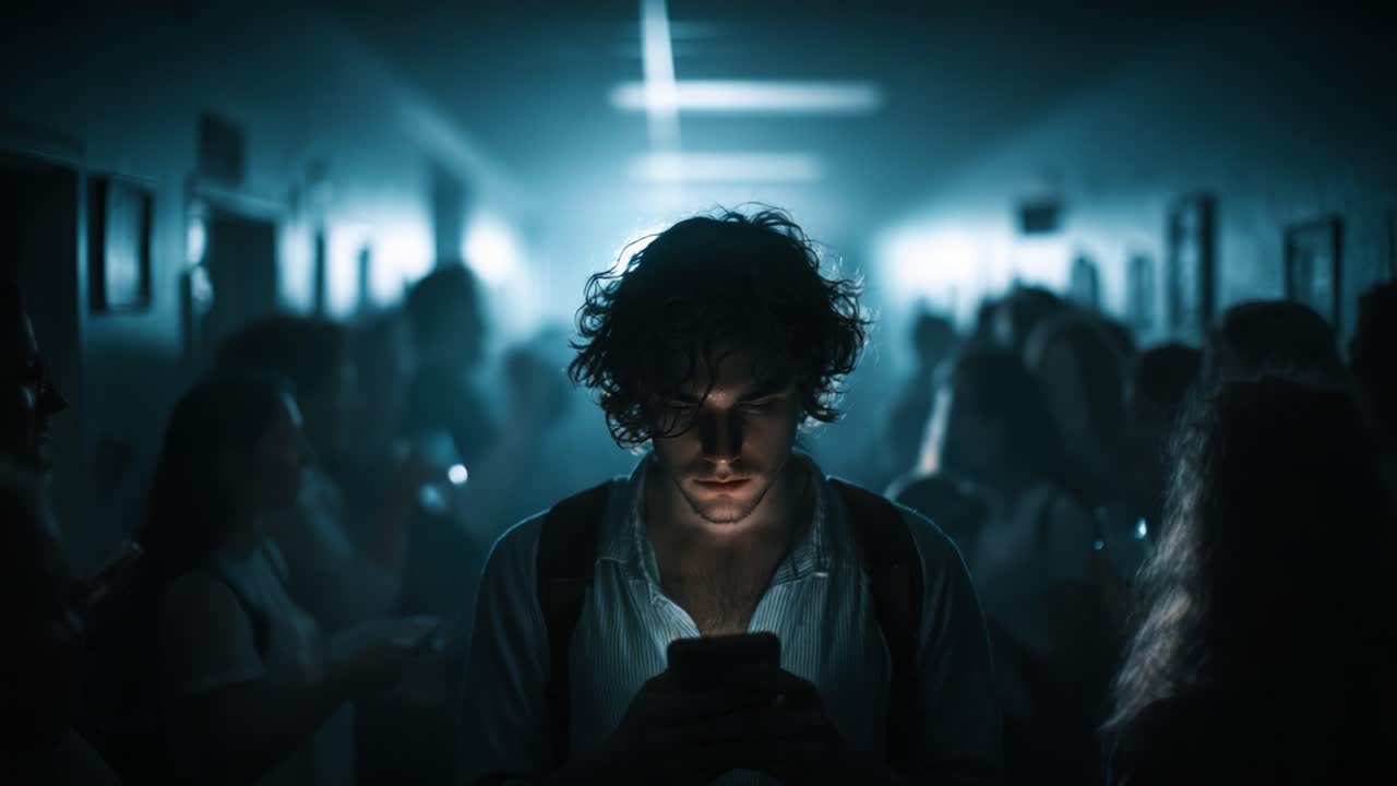 In a Dimly Lit Hallway, A Young Man Focuses on His Phone, Surrounded by a Crowd of People, Each Engaged in Their Own Digital Worlds, Creating a Captivating Scene of Modern Connectivity