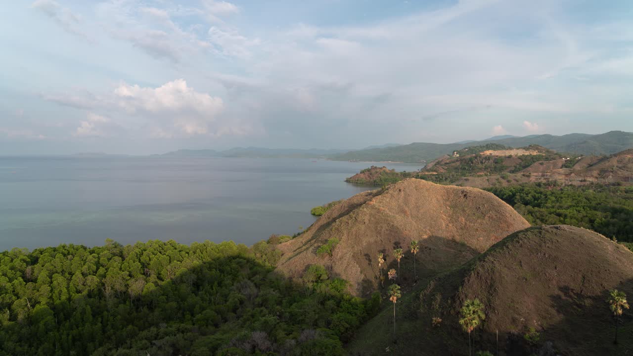 A panoramic view of tropical hills meeting the serene sea under a cloudy sky