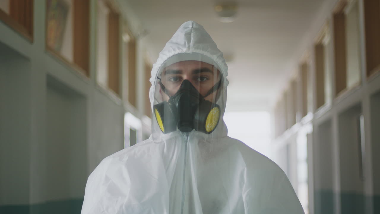 Person in Hazmat Suit in Hallway