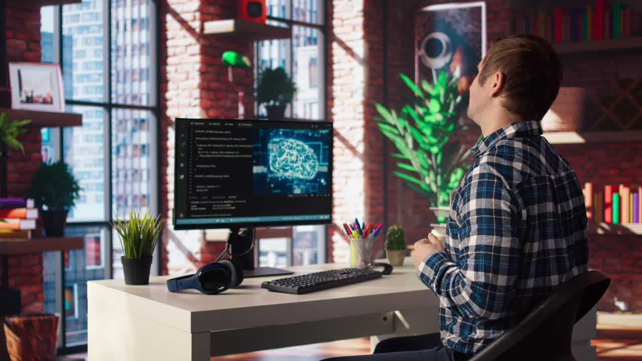AI software developer at computer waiting for code to finish compiling